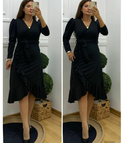 Krep Kumaş Midi Boy Kuşaklı Uzunkol Elbise 113 Cm Krep Kumaş Midi Boy Kuşaklı Uzunkol Elbise 113 Cm