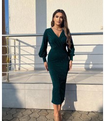 Kadın Uzun Kollu Kruvaze Yaka Büzgü Ve Balon Kol Detay Simli Krep Kumaş Maxi Boy Elbise
