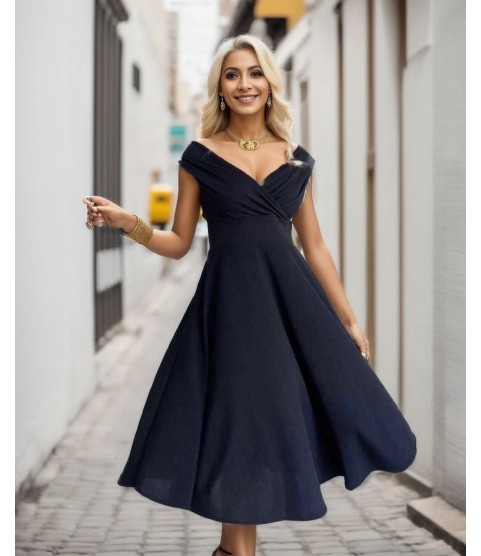 Kadın Kısa Kollu Kruvaze Yaka Eteği Volanlı Krep Elbise