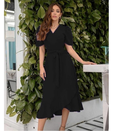 Kadın Kruvaze Yaka Midi Boy Kuşaklı Krep Elbise 120 Cm