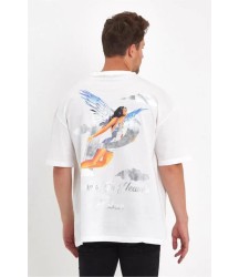 Erkek Melek Baskılı Oversize T-shirt - Beyaz