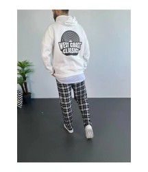 Erkek Baskılı Üç İplik Kapüşonlu Oversize Sweatshirt - Beyaz