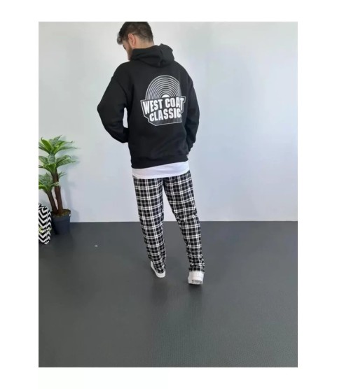 Erkek Sırt Baskılı Kapüşonlu Üç İplik Oversize Sweatshirt - Siyah