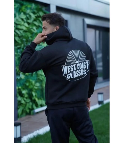 Erkek Sırt Baskılı Kapüşonlu Üç İplik Oversize Sweatshirt - Siyah