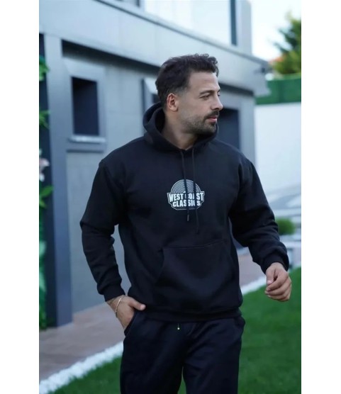 Erkek Sırt Baskılı Kapüşonlu Üç İplik Oversize Sweatshirt - Siyah