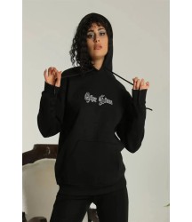 Sırt Baskılı Oversize Üç İplik Kapüşonlu Sweatshirt - Siyah