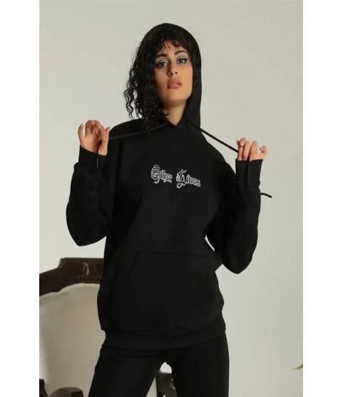 Sırt Baskılı Oversize Üç İplik Kapüşonlu Sweatshirt - Siyah Sırt Baskılı Oversize Üç İplik Kapüşonlu Sweatshirt - Siyah