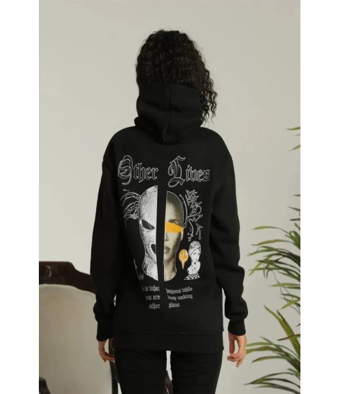 Sırt Baskılı Oversize Üç İplik Kapüşonlu Sweatshirt - Siyah Sırt Baskılı Oversize Üç İplik Kapüşonlu Sweatshirt - Siyah