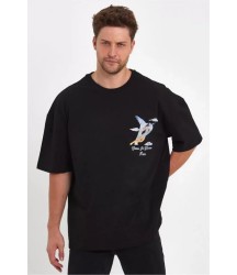 Erkek Melek Baskılı Oversize T-shirt - Siyah