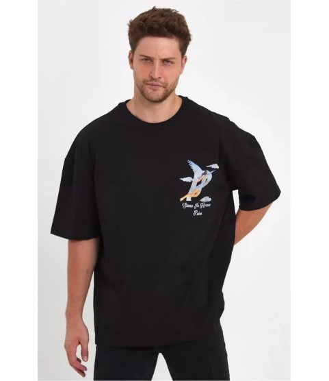 Erkek Melek Baskılı Oversize T-shirt - Siyah