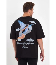 Erkek Melek Baskılı Oversize T-shirt - Siyah