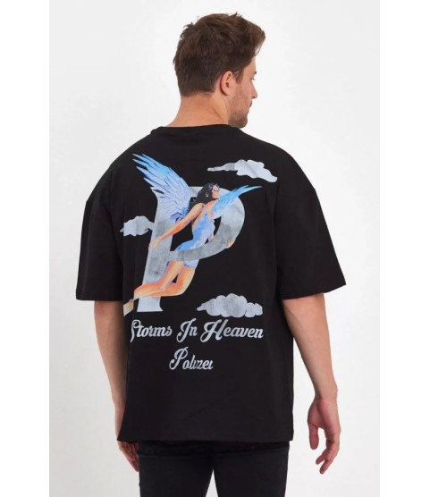 Erkek Melek Baskılı Oversize T-shirt - Siyah