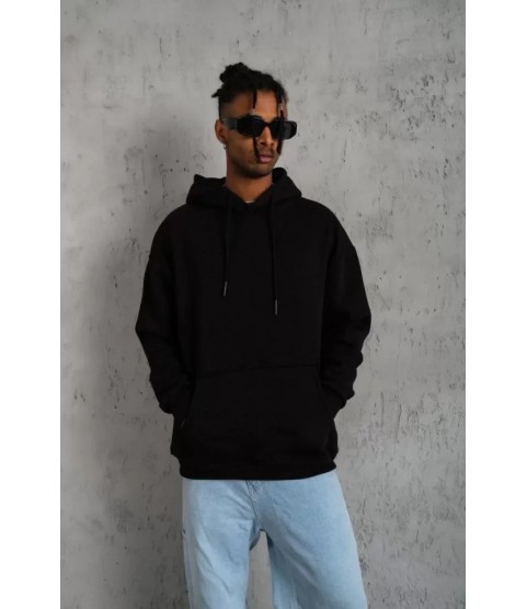 Erkek Düz Kapüşonlu Sweat - Siyah