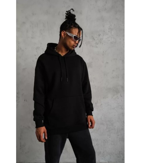 Erkek Düz Kapüşonlu Sweat - Siyah