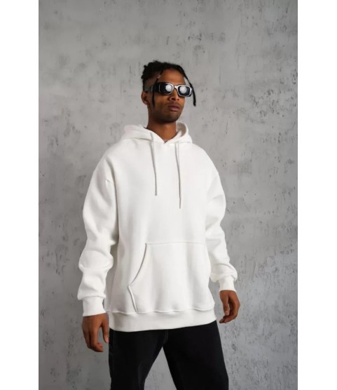 Erkek Düz Kapüşonlu Sweat - Beyaz