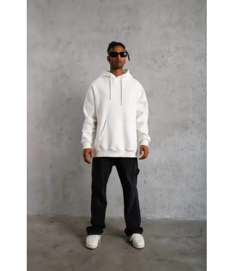 Erkek Düz Kapüşonlu Sweat - Beyaz