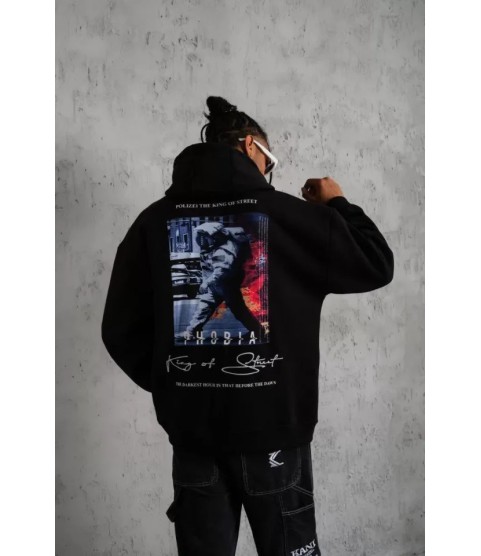 Erkek Astronot Baskılı Kapüşonlu Sweat - Siyah