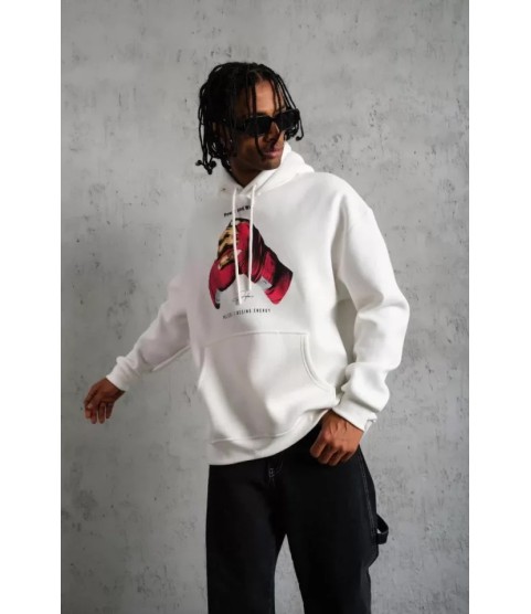 Erkek Eldiven Baskılı Kapüşonlu Sweat - Beyaz