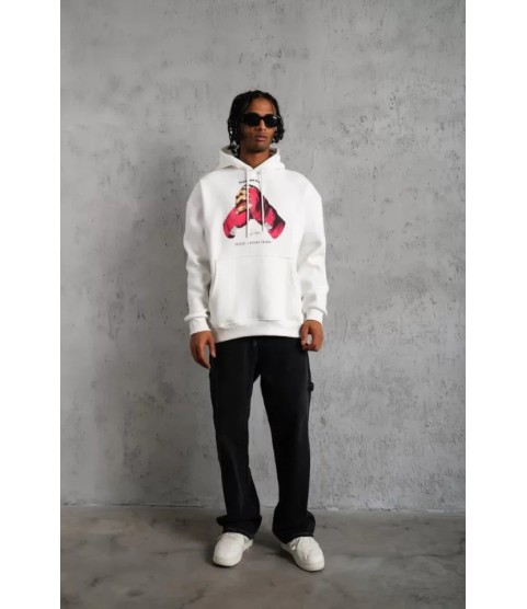 Erkek Eldiven Baskılı Kapüşonlu Sweat - Beyaz