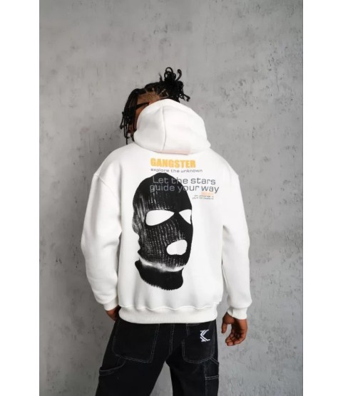 Erkek Kordonlu Maske Baskılı Kapüşonlu Sweat - Beyaz