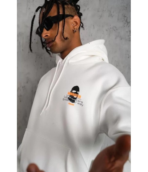 Erkek Kordonlu Maske Baskılı Kapüşonlu Sweat - Beyaz