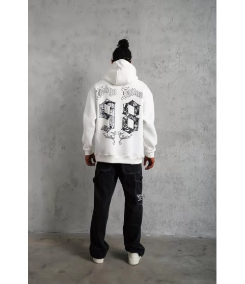Erkek 98 Baskılı Kapşonlu Sweat - Beyaz