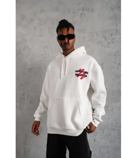 Erkek Şapkalı Güvercin Baskılı Kapşonlu Sweat - Beyaz