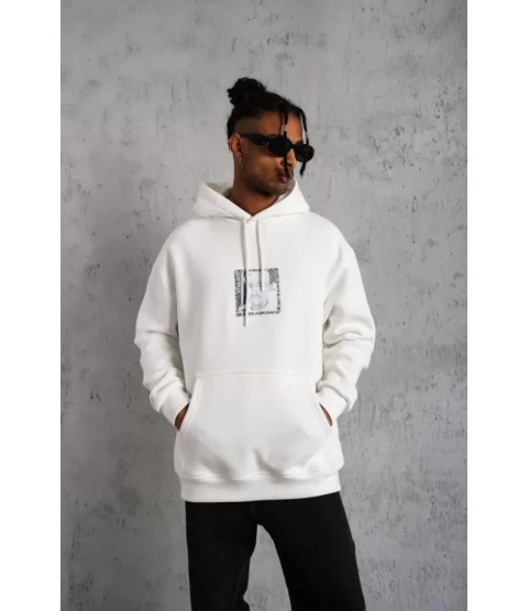 Erkek Ön Arka Baskılı Kapşonlu Sweat - Beyaz