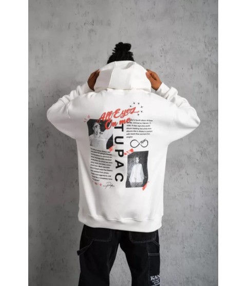 Erkek Ön Arka Baskılı Kapşonlu Sweat - Beyaz