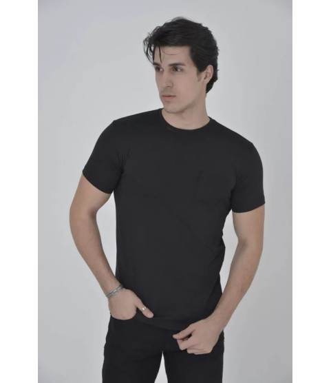 Erkek File Cepli Slim Fit T-shirt - Siyah