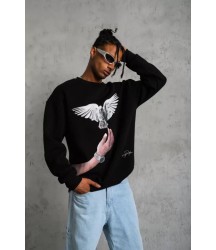 Erkek Güvercin Baskılı Sweatshirt - Siyah