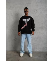 Erkek Güvercin Baskılı Sweatshirt - Siyah