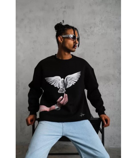 Erkek Güvercin Baskılı Sweatshirt - Siyah