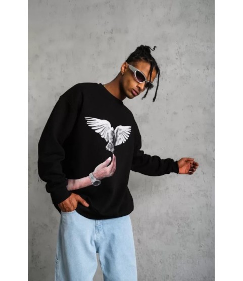 Erkek Güvercin Baskılı Sweatshirt - Siyah