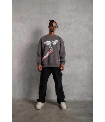 Erkek Güvercin Baskılı Sweatshirt - Gri