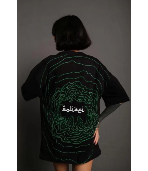 Bisiklet Yakalı Sırt Baskılı Oversize T-Shirt - Siyah