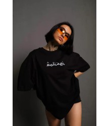 Bisiklet Yakalı Sırt Baskılı Oversize T-Shirt - Siyah