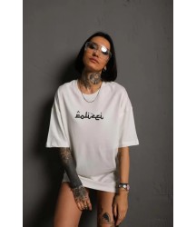 Bisiklet Yakalı Sırt Baskılı Oversize T-Shirt - Beyaz