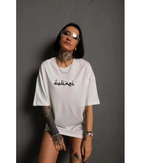 Bisiklet Yakalı Sırt Baskılı Oversize T-Shirt - Beyaz