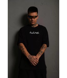 Erkek Bisiklet Yakalı Sırt Baskılı Oversize T-Shirt - Siyah
