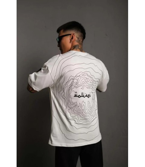Erkek Bisiklet Yakalı Sırt Baskılı Oversize T-Shirt - Beyaz