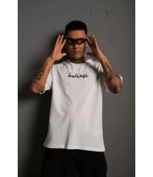 Erkek Bisiklet Yakalı Sırt Baskılı Oversize T-Shirt - Beyaz
