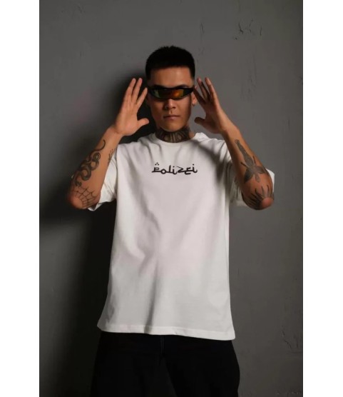 Erkek Bisiklet Yakalı Sırt Baskılı Oversize T-Shirt - Beyaz