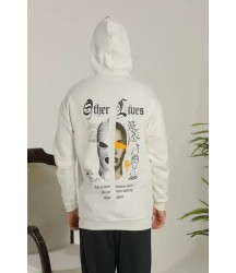 Erkek Sırt Baskılı Oversize Üç İplik Kapüşonlu Sweatshirt - Beyaz