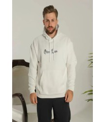 Erkek Sırt Baskılı Oversize Üç İplik Kapüşonlu Sweatshirt - Beyaz