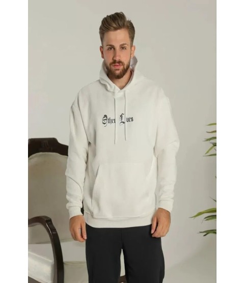 Erkek Sırt Baskılı Oversize Üç İplik Kapüşonlu Sweatshirt - Beyaz