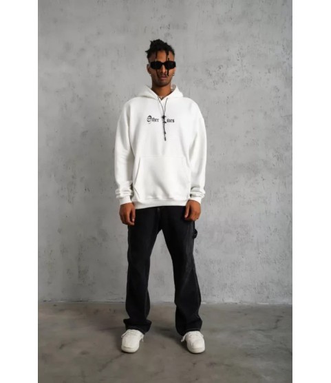 Erkek Sırt Baskılı Oversize Üç İplik Kapüşonlu Sweatshirt - Beyaz