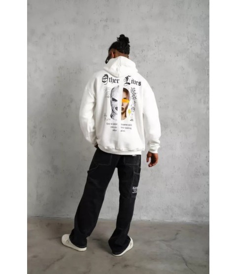Erkek Sırt Baskılı Oversize Üç İplik Kapüşonlu Sweatshirt - Beyaz