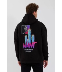 Erkek Baskılı Üç İplik Kapüşonlu Oversize Sweatshirt - Siyah