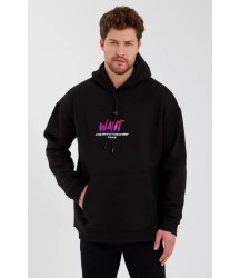Erkek Baskılı Üç İplik Kapüşonlu Oversize Sweatshirt - Siyah
